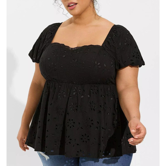 torrid Tops - Torrid Babydoll Eyelet Challis Blouse Black Crochet Top Women's Plus Size 1 1X